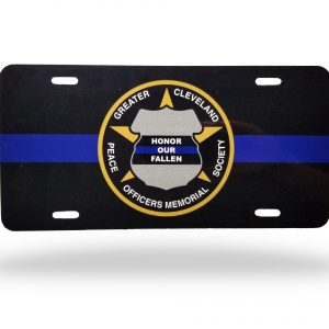 GCPOMS Decorative License Plate with the GCPOMS seal centered over a thin blue line motif