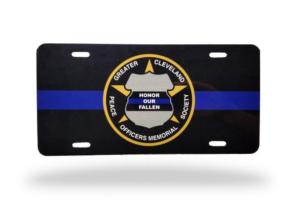 GCPOMS Decorative License Plate with the GCPOMS seal centered over a thin blue line motif